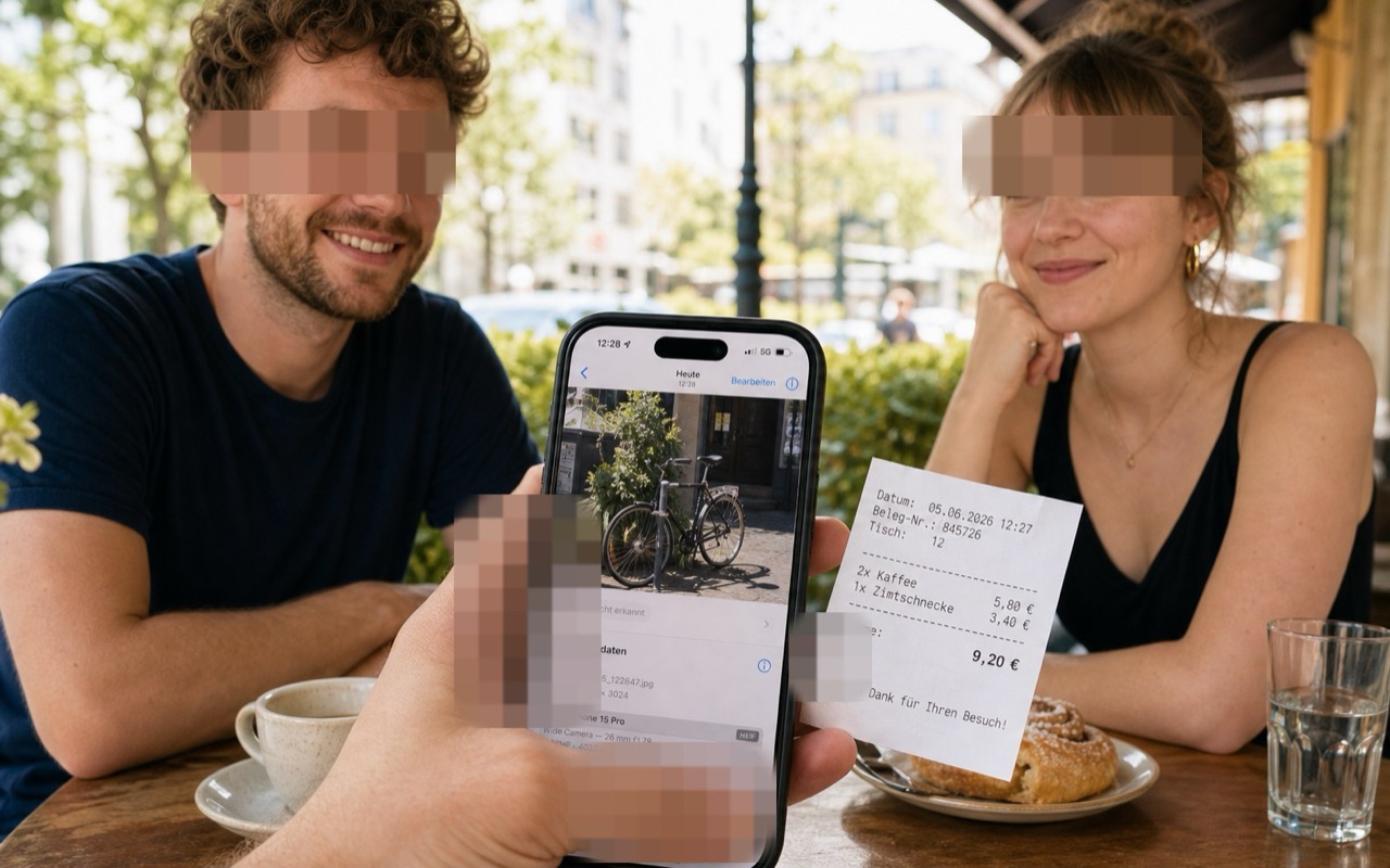 Synthetisches Café-Foto, in dem nur Irisbereiche und Fingerkuppen maskiert sind
