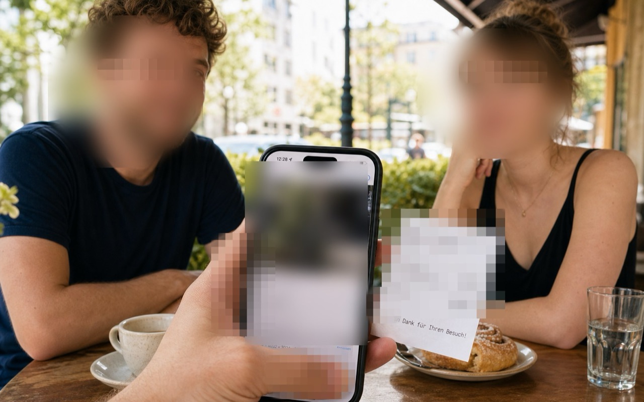 Synthetisches Café-Foto mit maskierten Gesichtern, Handyinhalt, Beleg und Fingerkuppen
